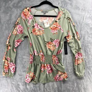 Absolutely Fabulous Top Small Green Floral Peplum Split Long Sleeves Soft